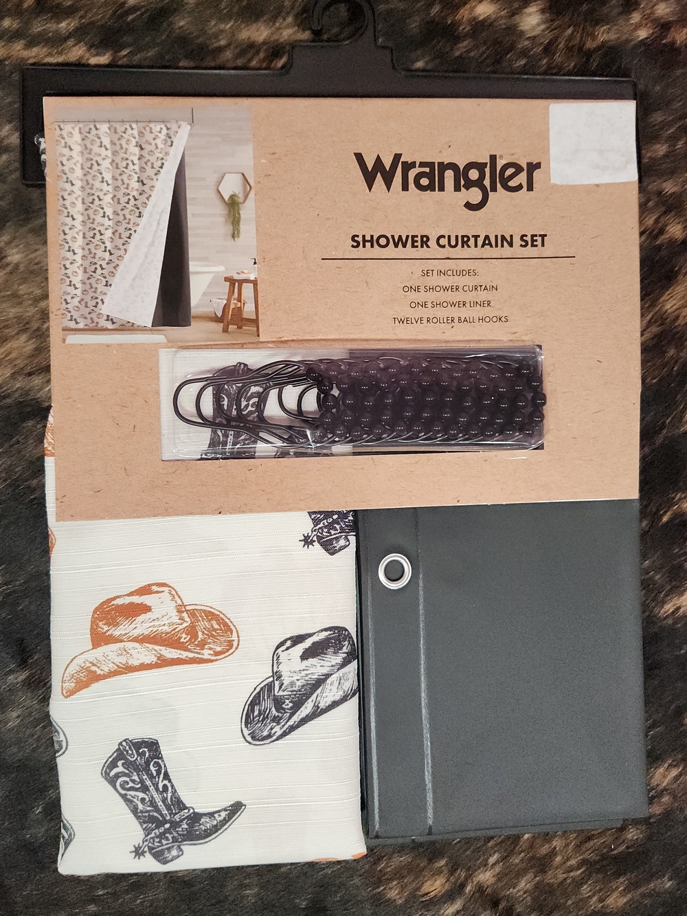 Wrangler White Shower Curtain with Orange Pumkins, Hats & Black Boots
